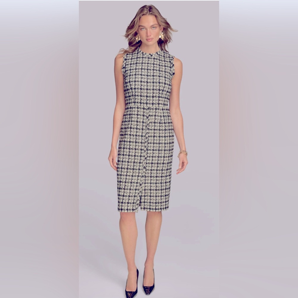 NWT Donna Karan Tweed Dress Knee Length Houndstooth Sleeveless Sheath US 14